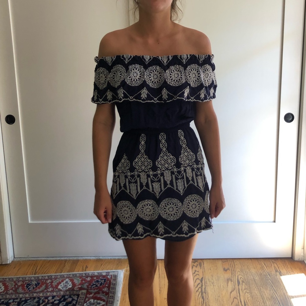 AQUA Off the Shoulder Embroidered Dress